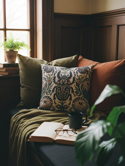 Square 17 by 18 inch jacquard woven throw pillow, woven identically on both faces and closed with a clean finished edge. On a natural cream ecru ground, a horned scarab beetle with gold filigree scrollwork on its shell sits at the center, flanked by two evil eye medallions with sapphire blue centers in sunburst halos. Two smaller scarabs, sage green acanthus vines, and crimson berries frame the edges. The design is woven flat into the cotton blend cloth with visible thread texture.