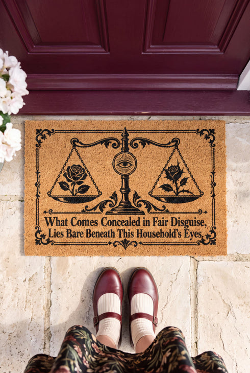 Rectangular 24 by 16 inch tufted natural coconut fiber coir doormat with squared corners and a black vinyl backing. The black artwork is printed into the fibers: an ornate antique balance scale with two suspended pans, each holding a blooming rose stem. A radiant eye in an oval sunburst crests the center column. Ornate scrollwork frames the lower inscription, which reads WHAT COMES CONCEALED IN FAIR DISGUISE, LIES BARE BENEATH THIS HOUSEHOLD'S EYES.