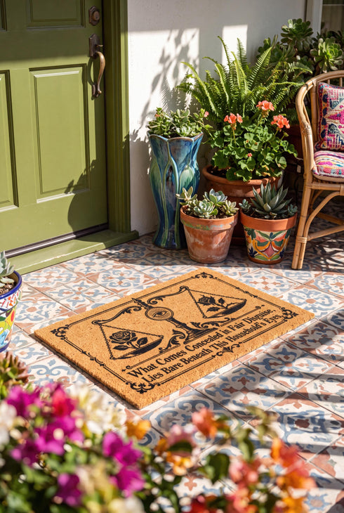 Rectangular 24 by 16 inch tufted natural coconut fiber coir doormat with squared corners and a black vinyl backing. The black artwork is printed into the fibers: an ornate antique balance scale with two suspended pans, each holding a blooming rose stem. A radiant eye in an oval sunburst crests the center column. Ornate scrollwork frames the lower inscription, which reads WHAT COMES CONCEALED IN FAIR DISGUISE, LIES BARE BENEATH THIS HOUSEHOLD'S EYES.