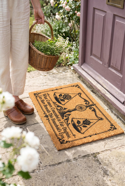 Rectangular 24 by 16 inch tufted natural coconut fiber coir doormat with squared corners and a black vinyl backing. The black artwork is printed into the fibers: an ornate antique balance scale with two suspended pans, each holding a blooming rose stem. A radiant eye in an oval sunburst crests the center column. Ornate scrollwork frames the lower inscription, which reads WHAT COMES CONCEALED IN FAIR DISGUISE, LIES BARE BENEATH THIS HOUSEHOLD'S EYES.