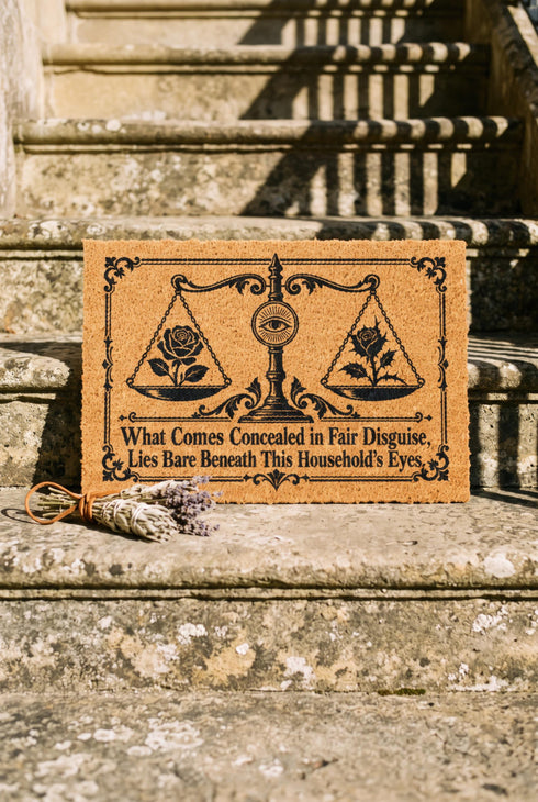 Rectangular 24 by 16 inch tufted natural coconut fiber coir doormat with squared corners and a black vinyl backing. The black artwork is printed into the fibers: an ornate antique balance scale with two suspended pans, each holding a blooming rose stem. A radiant eye in an oval sunburst crests the center column. Ornate scrollwork frames the lower inscription, which reads WHAT COMES CONCEALED IN FAIR DISGUISE, LIES BARE BENEATH THIS HOUSEHOLD'S EYES.
