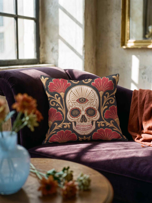 Square pillow cover in smooth linen-like polyester with a concealed bottom zipper, printed on both faces to imitate hand embroidery and tapestry, with no stitching or raised texture. On a charcoal black ground, an ivory skull carries an open radiating third eye on its brow, with golden starbursts glowing in its eye sockets. Crimson fan shaped botanical blooms spread around the skull, framed by antique gold acanthus scrollwork that curls toward each corner of the cover.