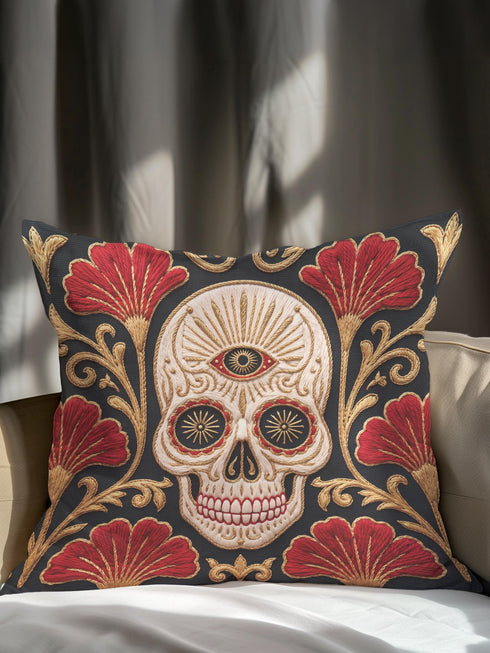 Square pillow cover in smooth linen-like polyester with a concealed bottom zipper, printed on both faces to imitate hand embroidery and tapestry, with no stitching or raised texture. On a charcoal black ground, an ivory skull carries an open radiating third eye on its brow, with golden starbursts glowing in its eye sockets. Crimson fan shaped botanical blooms spread around the skull, framed by antique gold acanthus scrollwork that curls toward each corner of the cover.