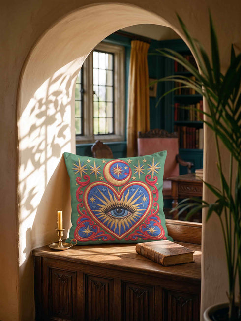 Square pillow cover in smooth linen-like polyester with a concealed zipper, printed on both faces to imitate hand embroidery and tapestry, with no stitching or raised texture. On an emerald green field, a cobalt blue heart holds an open eye with an azure iris at the center. A golden crescent moon, sunburst rays, and small stars shine above the heart. Scarlet acanthus scrollwork frames the heart, with golden cord detailing and starburst medallions in each corner.