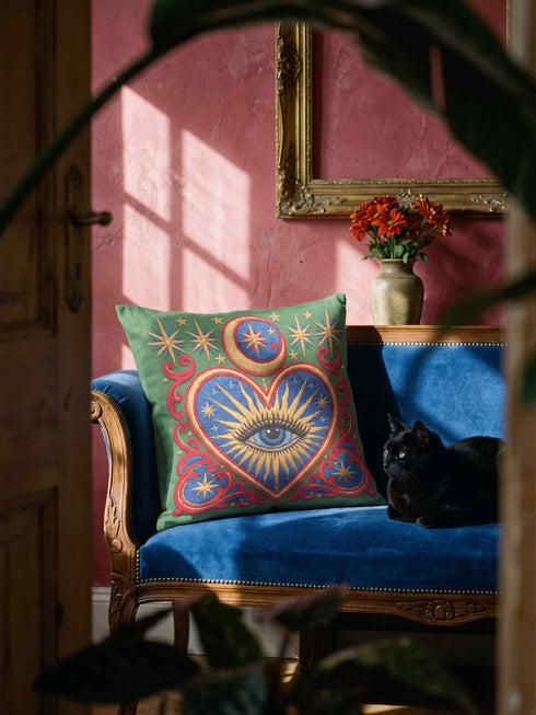 Square pillow cover in smooth linen-like polyester with a concealed zipper, printed on both faces to imitate hand embroidery and tapestry, with no stitching or raised texture. On an emerald green field, a cobalt blue heart holds an open eye with an azure iris at the center. A golden crescent moon, sunburst rays, and small stars shine above the heart. Scarlet acanthus scrollwork frames the heart, with golden cord detailing and starburst medallions in each corner.