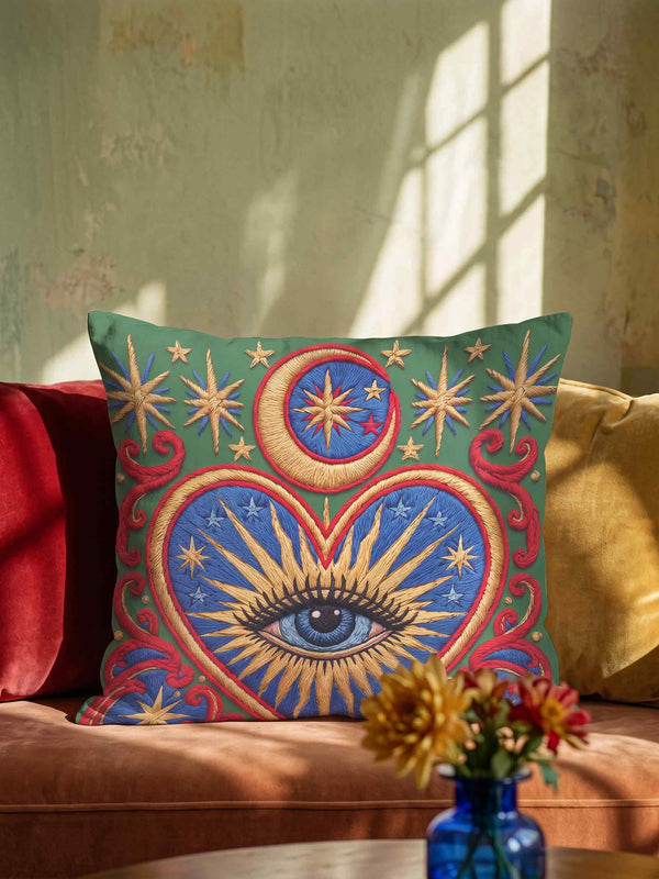 Square pillow cover in smooth linen-like polyester with a concealed zipper, printed on both faces to imitate hand embroidery and tapestry, with no stitching or raised texture. On an emerald green field, a cobalt blue heart holds an open eye with an azure iris at the center. A golden crescent moon, sunburst rays, and small stars shine above the heart. Scarlet acanthus scrollwork frames the heart, with golden cord detailing and starburst medallions in each corner.