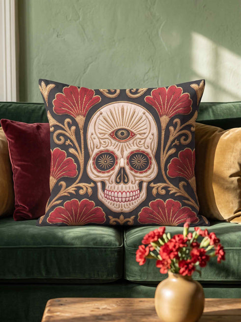 Square pillow cover in smooth linen-like polyester with a concealed bottom zipper, printed on both faces to imitate hand embroidery and tapestry, with no stitching or raised texture. On a charcoal black ground, an ivory skull carries an open radiating third eye on its brow, with golden starbursts glowing in its eye sockets. Crimson fan shaped botanical blooms spread around the skull, framed by antique gold acanthus scrollwork that curls toward each corner of the cover.
