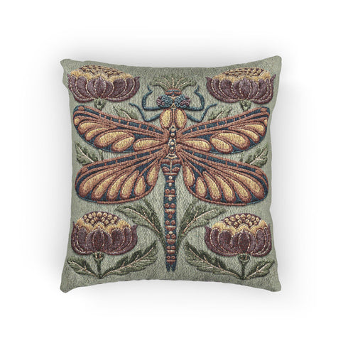 Square 17 by 18 inch jacquard woven throw pillow, woven identically on both faces and closed with a clean finished edge. A mirror symmetrical dragonfly fills the center of a sage green ground, its four long wings outlined in rust copper and filled with apricot and mustard, barred in slate blue along the leading edge. Plum peonies with ochre centers sit in each corner, and olive leaf sprays rise from the base. The ground has a soft sheen and the motif shows matte woven thread.