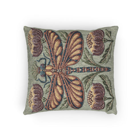 Square 17 by 18 inch jacquard woven throw pillow, woven identically on both faces and closed with a clean finished edge. A mirror symmetrical dragonfly fills the center of a sage green ground, its four long wings outlined in rust copper and filled with apricot and mustard, barred in slate blue along the leading edge. Plum peonies with ochre centers sit in each corner, and olive leaf sprays rise from the base. The ground has a soft sheen and the motif shows matte woven thread.