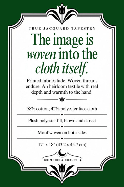Grimoire and Goblet information card for the woven pillow collection, noting the 17 x 18 inch size, the double sided jacquard weave, the 58 percent cotton and 42 percent polyester face cloth, and the plush polyester fill.