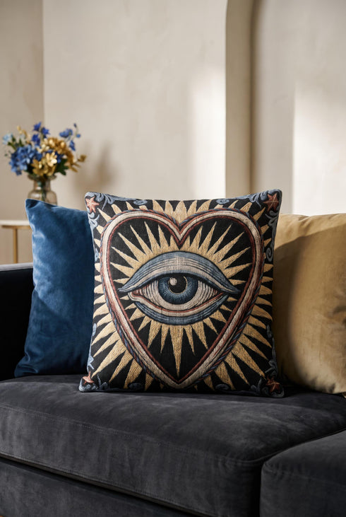 Square 17 by 18 inch jacquard woven throw pillow, woven identically on both faces and closed with a clean finished edge. On a solid black ground, a large blue evil eye sits inside a golden sunburst heart. Gold, pale blue, cream, and rust threads form the design, with dusty blue acanthus leaves curling around the heart and small rust stars in each corner. The design is woven flat into the cotton blend cloth, with visible thread texture and a heavy tapestry hand.