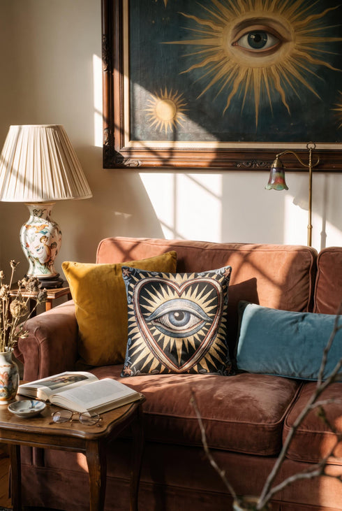 Square 17 by 18 inch jacquard woven throw pillow, woven identically on both faces and closed with a clean finished edge. On a solid black ground, a large blue evil eye sits inside a golden sunburst heart. Gold, pale blue, cream, and rust threads form the design, with dusty blue acanthus leaves curling around the heart and small rust stars in each corner. The design is woven flat into the cotton blend cloth, with visible thread texture and a heavy tapestry hand.