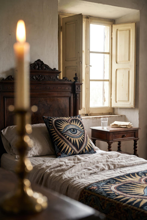 Square 17 by 18 inch jacquard woven throw pillow, woven identically on both faces and closed with a clean finished edge. On a solid black ground, a large blue evil eye sits inside a golden sunburst heart. Gold, pale blue, cream, and rust threads form the design, with dusty blue acanthus leaves curling around the heart and small rust stars in each corner. The design is woven flat into the cotton blend cloth, with visible thread texture and a heavy tapestry hand.