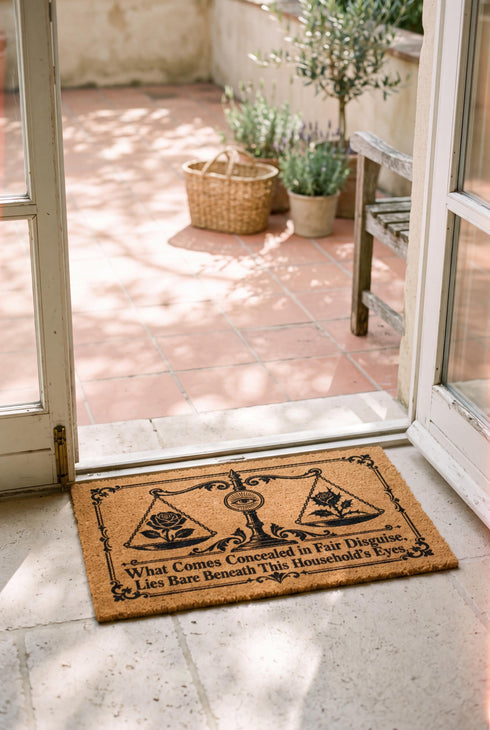 Rectangular 24 by 16 inch tufted natural coconut fiber coir doormat with squared corners and a black vinyl backing. The black artwork is printed into the fibers: an ornate antique balance scale with two suspended pans, each holding a blooming rose stem. A radiant eye in an oval sunburst crests the center column. Ornate scrollwork frames the lower inscription, which reads WHAT COMES CONCEALED IN FAIR DISGUISE, LIES BARE BENEATH THIS HOUSEHOLD'S EYES.