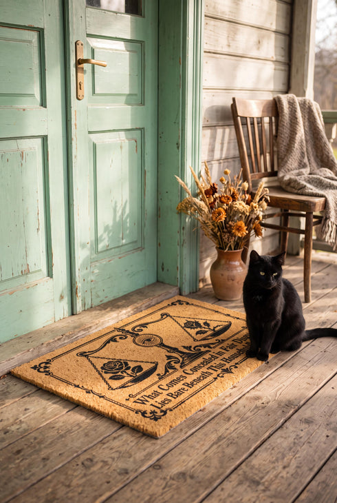 Rectangular 24 by 16 inch tufted natural coconut fiber coir doormat with squared corners and a black vinyl backing. The black artwork is printed into the fibers: an ornate antique balance scale with two suspended pans, each holding a blooming rose stem. A radiant eye in an oval sunburst crests the center column. Ornate scrollwork frames the lower inscription, which reads WHAT COMES CONCEALED IN FAIR DISGUISE, LIES BARE BENEATH THIS HOUSEHOLD'S EYES.