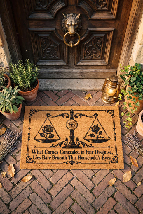 Rectangular 24 by 16 inch tufted natural coconut fiber coir doormat with squared corners and a black vinyl backing. The black artwork is printed into the fibers: an ornate antique balance scale with two suspended pans, each holding a blooming rose stem. A radiant eye in an oval sunburst crests the center column. Ornate scrollwork frames the lower inscription, which reads WHAT COMES CONCEALED IN FAIR DISGUISE, LIES BARE BENEATH THIS HOUSEHOLD'S EYES.