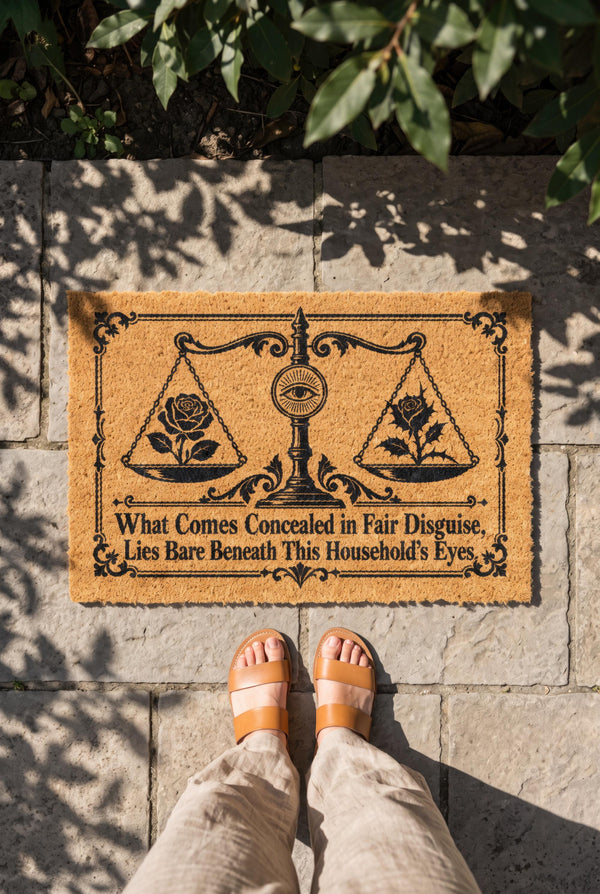 Rectangular 24 by 16 inch tufted natural coconut fiber coir doormat with squared corners and a black vinyl backing. The black artwork is printed into the fibers: an ornate antique balance scale with two suspended pans, each holding a blooming rose stem. A radiant eye in an oval sunburst crests the center column. Ornate scrollwork frames the lower inscription, which reads WHAT COMES CONCEALED IN FAIR DISGUISE, LIES BARE BENEATH THIS HOUSEHOLD'S EYES.