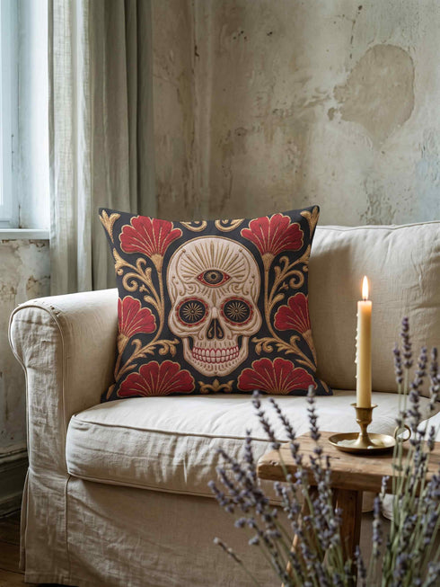 Square pillow cover in smooth linen-like polyester with a concealed bottom zipper, printed on both faces to imitate hand embroidery and tapestry, with no stitching or raised texture. On a charcoal black ground, an ivory skull carries an open radiating third eye on its brow, with golden starbursts glowing in its eye sockets. Crimson fan shaped botanical blooms spread around the skull, framed by antique gold acanthus scrollwork that curls toward each corner of the cover.