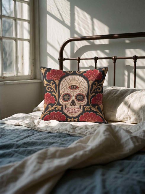 Square pillow cover in smooth linen-like polyester with a concealed bottom zipper, printed on both faces to imitate hand embroidery and tapestry, with no stitching or raised texture. On a charcoal black ground, an ivory skull carries an open radiating third eye on its brow, with golden starbursts glowing in its eye sockets. Crimson fan shaped botanical blooms spread around the skull, framed by antique gold acanthus scrollwork that curls toward each corner of the cover.