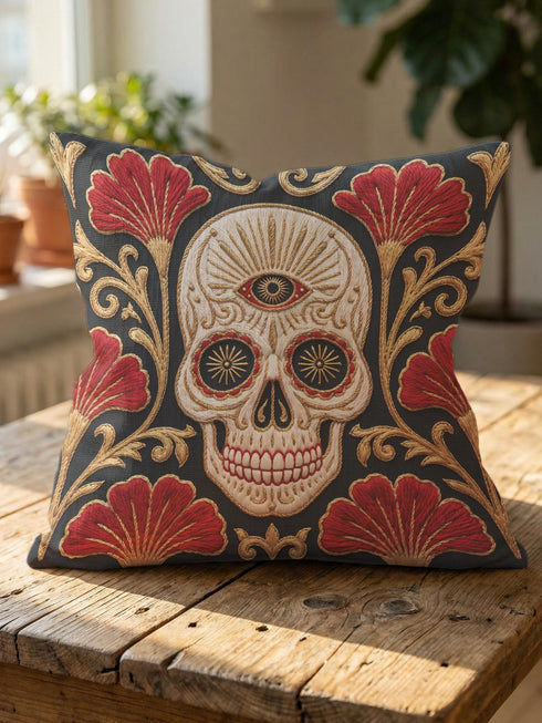 Square pillow cover in smooth linen-like polyester with a concealed bottom zipper, printed on both faces to imitate hand embroidery and tapestry, with no stitching or raised texture. On a charcoal black ground, an ivory skull carries an open radiating third eye on its brow, with golden starbursts glowing in its eye sockets. Crimson fan shaped botanical blooms spread around the skull, framed by antique gold acanthus scrollwork that curls toward each corner of the cover.