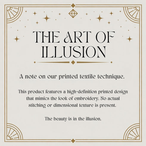 Grimoire and Goblet information card titled The Art of Illusion, with a gold border and star accents, explaining that the pillow cover design is a high definition print that imitates embroidery, with no stitching or raised texture.