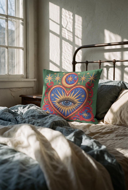 Square pillow cover in smooth linen-like polyester with a concealed zipper, printed on both faces to imitate hand embroidery and tapestry, with no stitching or raised texture. On an emerald green field, a cobalt blue heart holds an open eye with an azure iris at the center. A golden crescent moon, sunburst rays, and small stars shine above the heart. Scarlet acanthus scrollwork frames the heart, with golden cord detailing and starburst medallions in each corner.