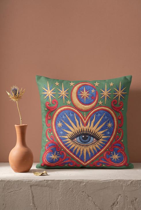Square pillow cover in smooth linen-like polyester with a concealed zipper, printed on both faces to imitate hand embroidery and tapestry, with no stitching or raised texture. On an emerald green field, a cobalt blue heart holds an open eye with an azure iris at the center. A golden crescent moon, sunburst rays, and small stars shine above the heart. Scarlet acanthus scrollwork frames the heart, with golden cord detailing and starburst medallions in each corner.