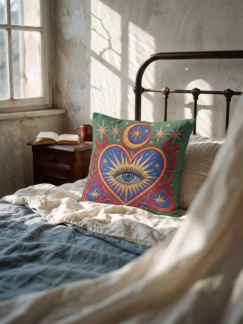 Square pillow cover in smooth linen-like polyester with a concealed zipper, printed on both faces to imitate hand embroidery and tapestry, with no stitching or raised texture. On an emerald green field, a cobalt blue heart holds an open eye with an azure iris at the center. A golden crescent moon, sunburst rays, and small stars shine above the heart. Scarlet acanthus scrollwork frames the heart, with golden cord detailing and starburst medallions in each corner.