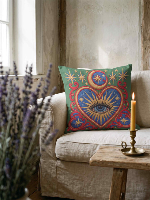 Square pillow cover in smooth linen-like polyester with a concealed zipper, printed on both faces to imitate hand embroidery and tapestry, with no stitching or raised texture. On an emerald green field, a cobalt blue heart holds an open eye with an azure iris at the center. A golden crescent moon, sunburst rays, and small stars shine above the heart. Scarlet acanthus scrollwork frames the heart, with golden cord detailing and starburst medallions in each corner.