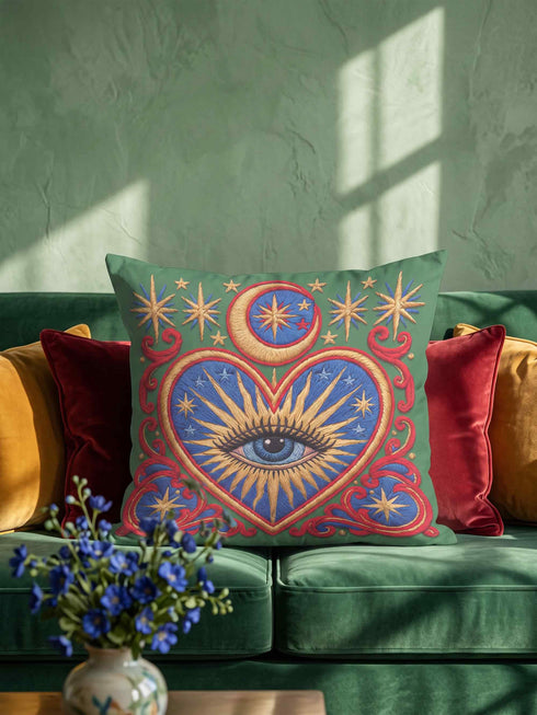 Square pillow cover in smooth linen-like polyester with a concealed zipper, printed on both faces to imitate hand embroidery and tapestry, with no stitching or raised texture. On an emerald green field, a cobalt blue heart holds an open eye with an azure iris at the center. A golden crescent moon, sunburst rays, and small stars shine above the heart. Scarlet acanthus scrollwork frames the heart, with golden cord detailing and starburst medallions in each corner.