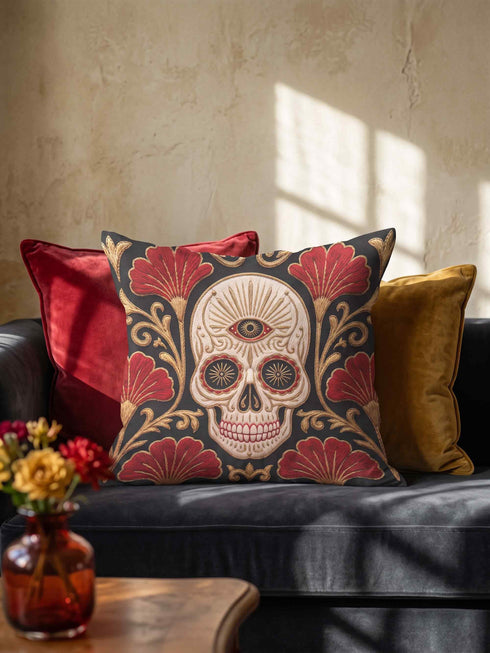 Square pillow cover in smooth linen-like polyester with a concealed bottom zipper, printed on both faces to imitate hand embroidery and tapestry, with no stitching or raised texture. On a charcoal black ground, an ivory skull carries an open radiating third eye on its brow, with golden starbursts glowing in its eye sockets. Crimson fan shaped botanical blooms spread around the skull, framed by antique gold acanthus scrollwork that curls toward each corner of the cover.