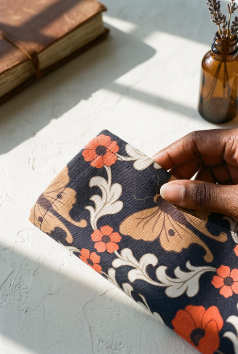 Set of four square cloth dinner napkins, each 20 by 20 inches, in polyester broadcloth with hemmed edges. The top face is printed with a mirrored damask style pattern of golden luna moths, burnt orange poppies, small coral blossoms, and ivory acanthus scrollwork on a solid black ground. The underside is white and shows a faint, softened echo of the printed pattern through the lightweight, smooth, densely woven fabric.