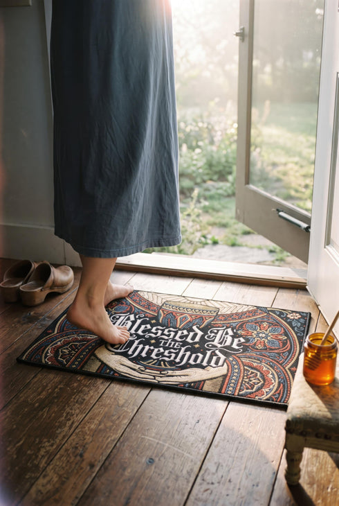 Rectangular navy doormat with a low loop polyester pile and black border trim, printed flat to imitate hand embroidery and crewelwork. Two pale hands offer a golden chalice at the center, with white rays streaming from the cup. Ornate white lettering across the design reads BLESSED BE THE THRESHOLD. Rust red and antique gold Arts and Crafts botanical arches frame the scene, curving over and around the chalice against the deep navy ground.