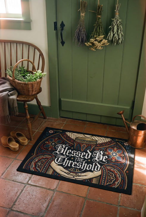 Rectangular navy doormat with a low loop polyester pile and black border trim, printed flat to imitate hand embroidery and crewelwork. Two pale hands offer a golden chalice at the center, with white rays streaming from the cup. Ornate white lettering across the design reads BLESSED BE THE THRESHOLD. Rust red and antique gold Arts and Crafts botanical arches frame the scene, curving over and around the chalice against the deep navy ground.