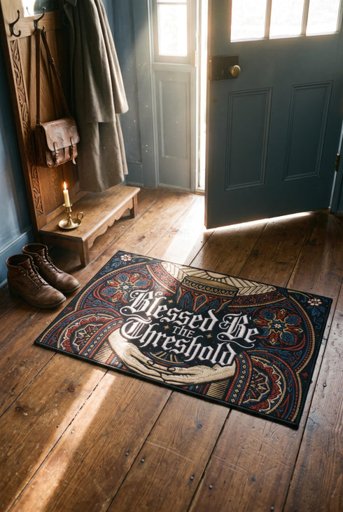 Rectangular navy doormat with a low loop polyester pile and black border trim, printed flat to imitate hand embroidery and crewelwork. Two pale hands offer a golden chalice at the center, with white rays streaming from the cup. Ornate white lettering across the design reads BLESSED BE THE THRESHOLD. Rust red and antique gold Arts and Crafts botanical arches frame the scene, curving over and around the chalice against the deep navy ground.