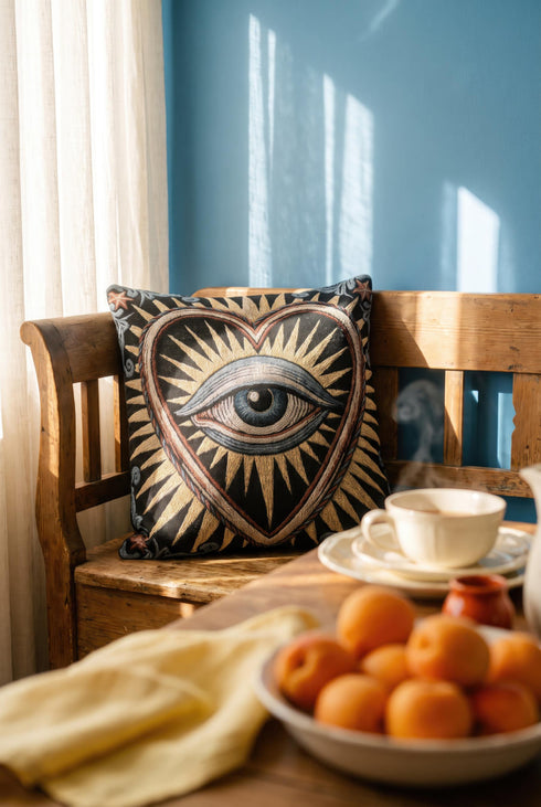 Square 17 by 18 inch jacquard woven throw pillow, woven identically on both faces and closed with a clean finished edge. On a solid black ground, a large blue evil eye sits inside a golden sunburst heart. Gold, pale blue, cream, and rust threads form the design, with dusty blue acanthus leaves curling around the heart and small rust stars in each corner. The design is woven flat into the cotton blend cloth, with visible thread texture and a heavy tapestry hand.