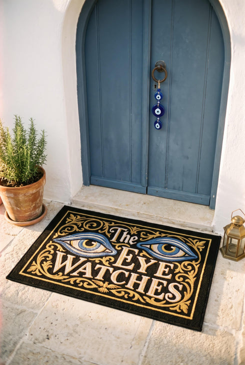 Rectangular black doormat with a low loop polyester pile and black edge trim framed by a thin gold rule, printed flat to imitate raised embroidery. Two almond shaped eyes with layered blue lids, cream whites, and blue irises ringed in gold gaze outward. Cream serif lettering with gold inlines reads THE EYE WATCHES. Gold scrollwork fills each corner, and a small gilded bird with outstretched wings sits at the bottom center.