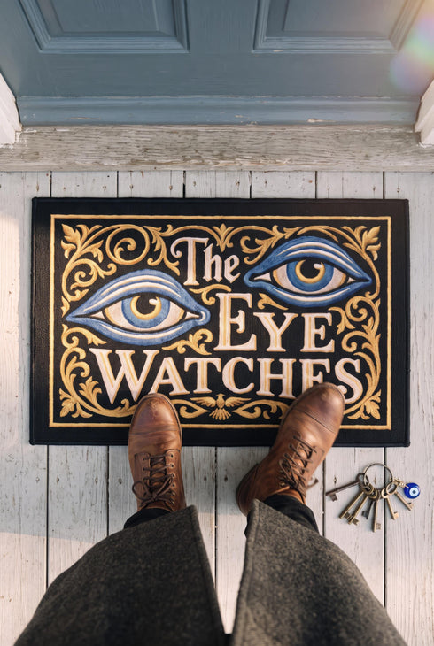 Rectangular black doormat with a low loop polyester pile and black edge trim framed by a thin gold rule, printed flat to imitate raised embroidery. Two almond shaped eyes with layered blue lids, cream whites, and blue irises ringed in gold gaze outward. Cream serif lettering with gold inlines reads THE EYE WATCHES. Gold scrollwork fills each corner, and a small gilded bird with outstretched wings sits at the bottom center.