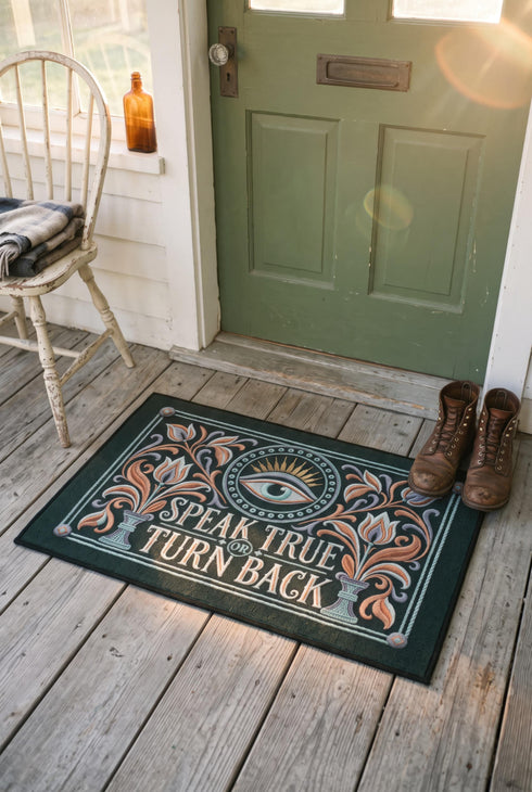 Rectangular doormat with a deep evergreen ground, low loop polyester pile, and black edge trim, printed flat edge to edge to imitate raised embroidery. A central eye with a lavender lid, coral outline, and seafoam iris sits inside a beaded circle under gold sunburst rays. Coral, lavender, and cream folk art tulips rise from seafoam urns on each side. Cream lettering with coral inlines reads SPEAK TRUE OR TURN BACK, framed by a seafoam rope border.
