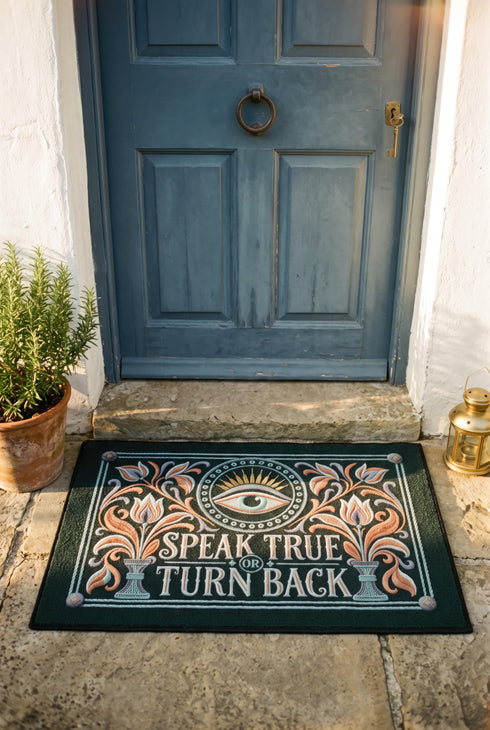 Rectangular doormat with a deep evergreen ground, low loop polyester pile, and black edge trim, printed flat edge to edge to imitate raised embroidery. A central eye with a lavender lid, coral outline, and seafoam iris sits inside a beaded circle under gold sunburst rays. Coral, lavender, and cream folk art tulips rise from seafoam urns on each side. Cream lettering with coral inlines reads SPEAK TRUE OR TURN BACK, framed by a seafoam rope border.