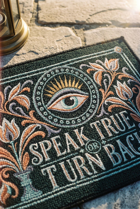 Rectangular doormat with a deep evergreen ground, low loop polyester pile, and black edge trim, printed flat edge to edge to imitate raised embroidery. A central eye with a lavender lid, coral outline, and seafoam iris sits inside a beaded circle under gold sunburst rays. Coral, lavender, and cream folk art tulips rise from seafoam urns on each side. Cream lettering with coral inlines reads SPEAK TRUE OR TURN BACK, framed by a seafoam rope border.