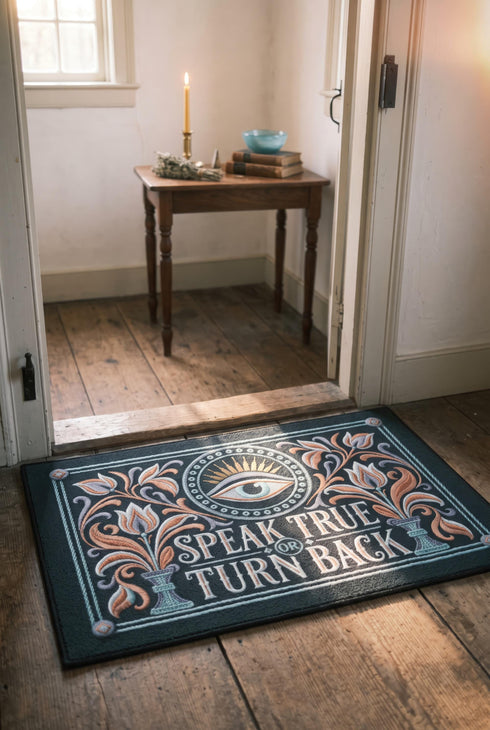 Rectangular doormat with a deep evergreen ground, low loop polyester pile, and black edge trim, printed flat edge to edge to imitate raised embroidery. A central eye with a lavender lid, coral outline, and seafoam iris sits inside a beaded circle under gold sunburst rays. Coral, lavender, and cream folk art tulips rise from seafoam urns on each side. Cream lettering with coral inlines reads SPEAK TRUE OR TURN BACK, framed by a seafoam rope border.