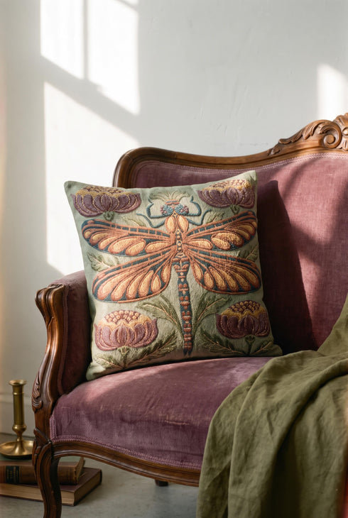 Square 17 by 18 inch jacquard woven throw pillow, woven identically on both faces and closed with a clean finished edge. A mirror symmetrical dragonfly fills the center of a sage green ground, its four long wings outlined in rust copper and filled with apricot and mustard, barred in slate blue along the leading edge. Plum peonies with ochre centers sit in each corner, and olive leaf sprays rise from the base. The ground has a soft sheen and the motif shows matte woven thread.
