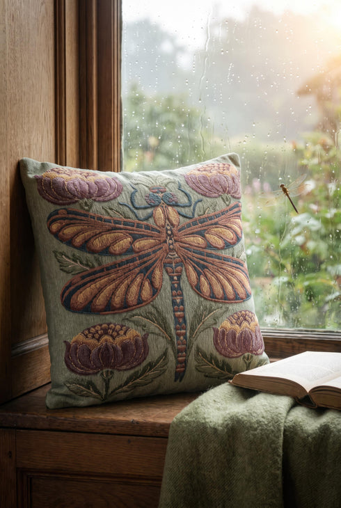 Square 17 by 18 inch jacquard woven throw pillow, woven identically on both faces and closed with a clean finished edge. A mirror symmetrical dragonfly fills the center of a sage green ground, its four long wings outlined in rust copper and filled with apricot and mustard, barred in slate blue along the leading edge. Plum peonies with ochre centers sit in each corner, and olive leaf sprays rise from the base. The ground has a soft sheen and the motif shows matte woven thread.