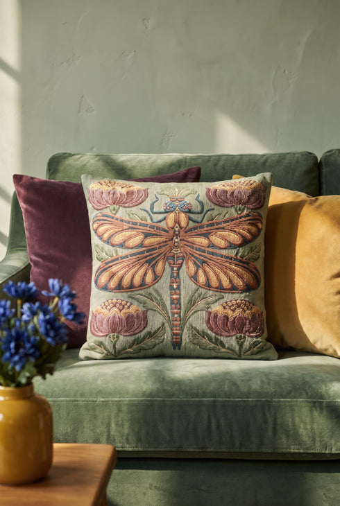 Square 17 by 18 inch jacquard woven throw pillow, woven identically on both faces and closed with a clean finished edge. A mirror symmetrical dragonfly fills the center of a sage green ground, its four long wings outlined in rust copper and filled with apricot and mustard, barred in slate blue along the leading edge. Plum peonies with ochre centers sit in each corner, and olive leaf sprays rise from the base. The ground has a soft sheen and the motif shows matte woven thread.