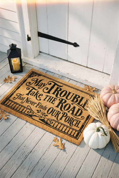 Rectangular natural tan coir doormat, 24 by 16 inches, with squared corners, a bristled tufted coconut fiber surface, and a black vinyl backing. The black artwork is printed into the fibers inside a double line frame. Ornate Victorian lettering reads MAY TROUBLE TAKE THE ROAD THAT NEVER FINDS OUR PORCH. Turned porch posts with scrolled corner brackets stand on each side, a row of balusters runs along the bottom, and a small winding road and magnolia blossom sit at the center.