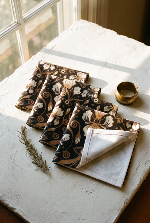 Set of four square cloth dinner napkins, each 20 by 20 inches, in polyester broadcloth with hemmed edges on all four sides. The top face is printed with a dense Art Nouveau pattern on a black ground: cream iris blossoms, curving gold toned vines, small starbursts, and evil eye talismans arranged in a damask like layout, with no lettering. The underside is white and shows the design faintly through the smooth, densely woven fabric.