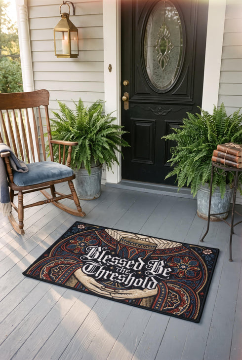 Rectangular navy doormat with a low loop polyester pile and black border trim, printed flat to imitate hand embroidery and crewelwork. Two pale hands offer a golden chalice at the center, with white rays streaming from the cup. Ornate white lettering across the design reads BLESSED BE THE THRESHOLD. Rust red and antique gold Arts and Crafts botanical arches frame the scene, curving over and around the chalice against the deep navy ground.