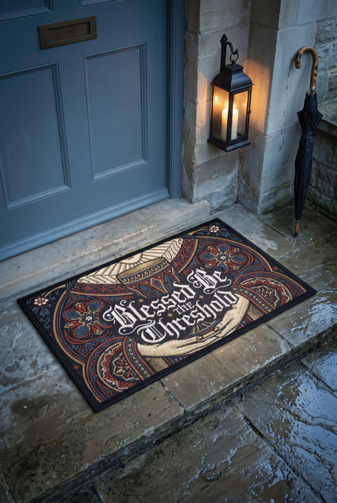 Rectangular navy doormat with a low loop polyester pile and black border trim, printed flat to imitate hand embroidery and crewelwork. Two pale hands offer a golden chalice at the center, with white rays streaming from the cup. Ornate white lettering across the design reads BLESSED BE THE THRESHOLD. Rust red and antique gold Arts and Crafts botanical arches frame the scene, curving over and around the chalice against the deep navy ground.