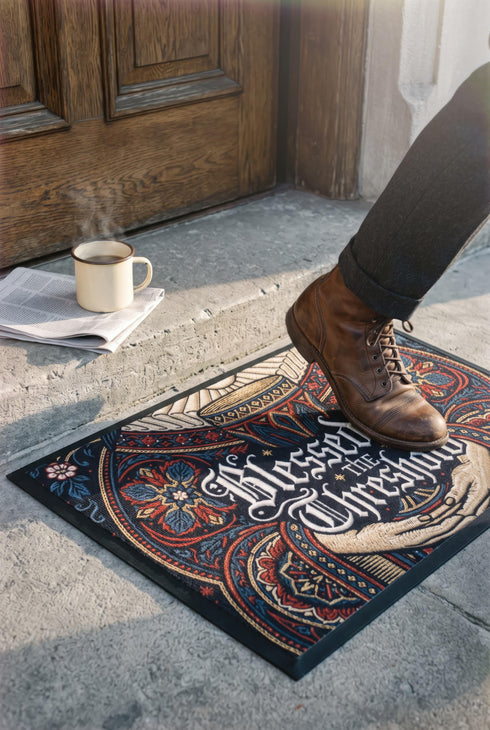 Rectangular navy doormat with a low loop polyester pile and black border trim, printed flat to imitate hand embroidery and crewelwork. Two pale hands offer a golden chalice at the center, with white rays streaming from the cup. Ornate white lettering across the design reads BLESSED BE THE THRESHOLD. Rust red and antique gold Arts and Crafts botanical arches frame the scene, curving over and around the chalice against the deep navy ground.